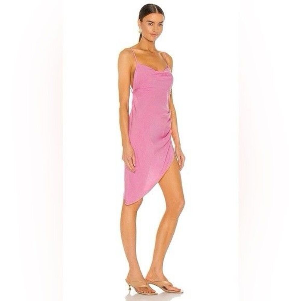 AMANDA UPRICHARD Janet Dress SMALL Pink LINEN Blend Ruched Asymm Open Back